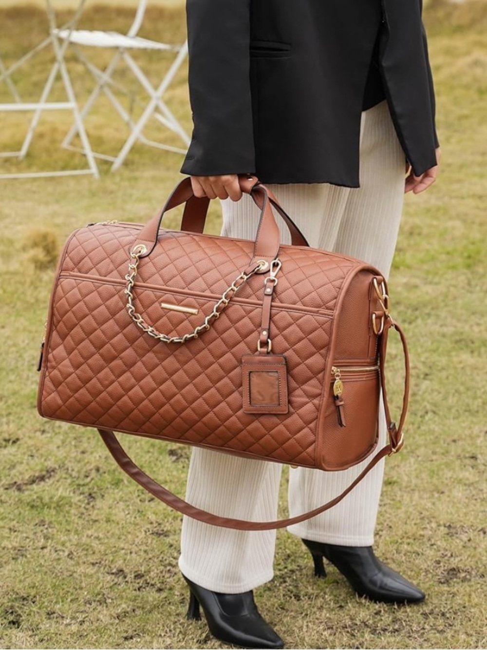 ~MKF Collection:Cognac Vegan Leather Duffle Bag w/Golden Hardware Detailing~
